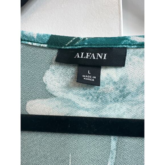 Alfani Green with White Floral Pattern V-neck Blouse with Tie Strings - Picture 2 of 6